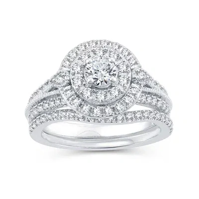Modern Bride Womens 1 Ct. T.w. Natural Diamond 10k White Gold Round Side Stone Halo Bridal Set In Silver