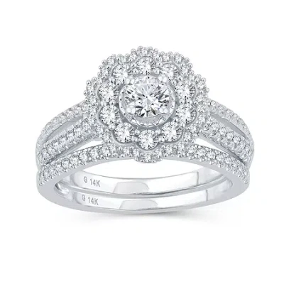 Modern Bride Womens 1 Ct. T.w. Natural Diamond 10k White Gold Round Side Stone Halo Bridal Set In Silver