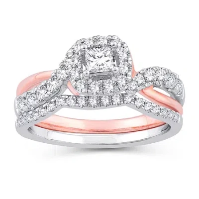 Modern Bride Womens 1 Ct. T.w. Natural White Diamond 10k Gold 10k Rose Gold Cushion Bridal Set In Multi