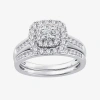 Modern Bride Womens 1 Ct. T.w. Natural White Diamond 10k Gold Cushion Side Stone Halo Bridal Set In Silver