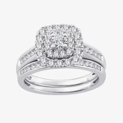 Modern Bride Womens 1 Ct. T.w. Natural White Diamond 10k Gold Cushion Side Stone Halo Bridal Set In Silver