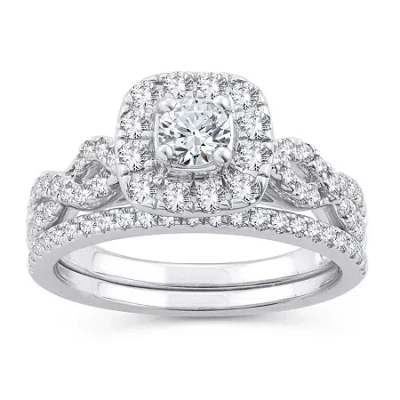 Modern Bride Womens 1 Ct. T.w. Natural White Diamond 10k Gold Cushion Side Stone Halo Bridal Set