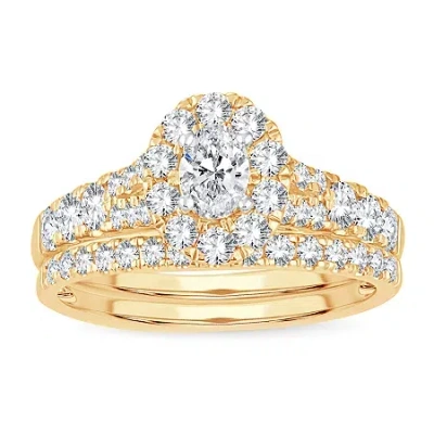 Modern Bride Womens 1 Ct. T.w. Natural White Diamond 10k Gold Oval Side Stone Halo Bridal Set