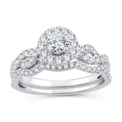 Modern Bride Womens 1 Ct. T.w. Natural White Diamond 10k Gold Round Side Stone Halo Bridal Set In Silver