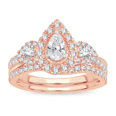 Modern Bride Womens 1 Ct. T.w. Natural White Diamond 10k Rose Gold Pear Bridal Set In Pink