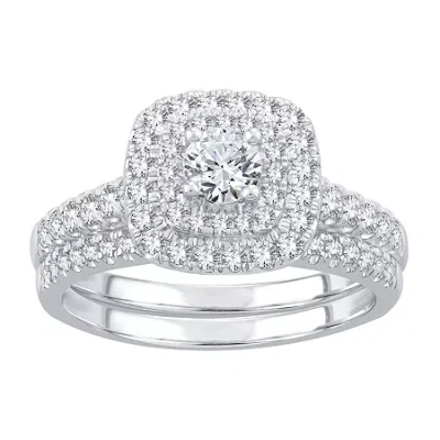 Modern Bride Womens 1 Ct. T.w. Natural White Diamond 10k White Gold Cushion Side Stone Halo Bridal Set