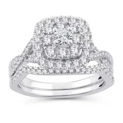 Modern Bride Womens 1 Ct. T.w. Natural White Diamond 10k White Gold Cushion Side Stone Halo Bridal Set