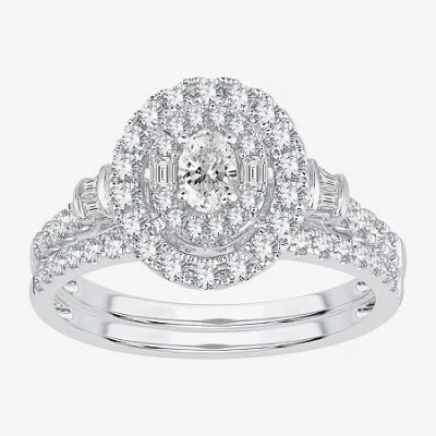 Modern Bride Womens 1 Ct. T.w. Natural White Diamond 10k White Gold Oval Side Stone Halo Bridal Set In Silver