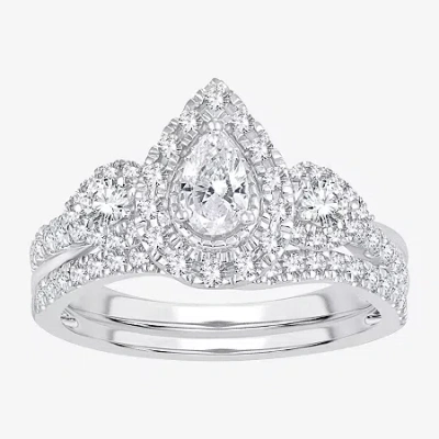 Modern Bride Womens 1 Ct. T.w. Natural White Diamond 10k White Gold Pear Side Stone Halo Bridal Set