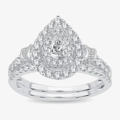 Modern Bride Womens 1 Ct. T.w. Natural White Diamond 10k White Gold Pear Side Stone Halo Bridal Set In Silver