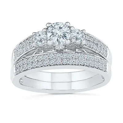 Modern Bride Womens 1 Ct. T.w. Natural White Diamond 10k White Gold Round Bridal Set In Silver