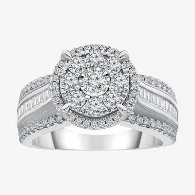Modern Bride Womens 1 Ct. T.w. Natural White Diamond 10k White Gold Round Side Stone Halo Engagement Ring