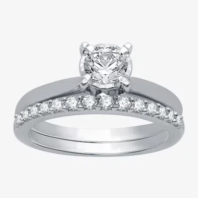 Modern Bride Womens 1 Ct. T.w. Natural White Diamond 10k White Gold Round Solitaire Bridal Set