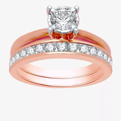 Modern Bride Womens 1 Ct. T.w. Natural White Diamond 10k White Gold Round Solitaire Bridal Set In Pink