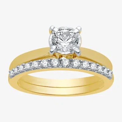 Modern Bride Womens 1 Ct. T.w. Natural White Diamond 10k White Gold Round Solitaire Bridal Set In Yellow