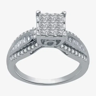 Modern Bride Womens 1 Ct. T.w. Natural White Diamond 10k White Gold Side Stone Engagement Ring