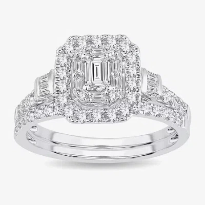 Modern Bride Womens 1 Ct. T.w. Natural White Diamond 10k White Gold Side Stone Halo Bridal Set In Silver