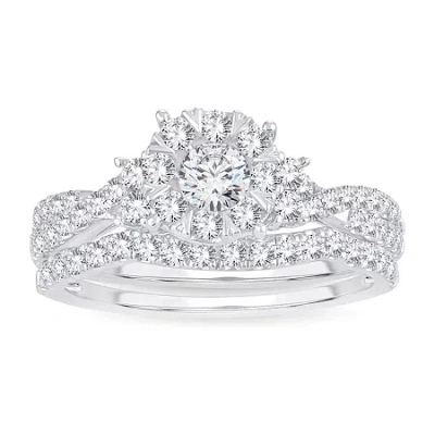 Modern Bride Womens 1 Ct. T.w. Natural White Diamond 14k White Gold Round Side Stone Halo Bridal Set In Metallic