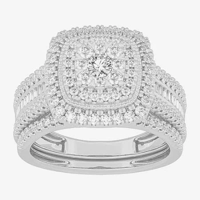 Modern Bride Womens 1 Ct.t.w. Natural Diamond 10k Gold Cushion Side Stone Halo Bridal Set In White