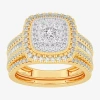 Modern Bride Womens 1 Ct.t.w. Natural Diamond 10k Gold Cushion Side Stone Halo Bridal Set In Gold