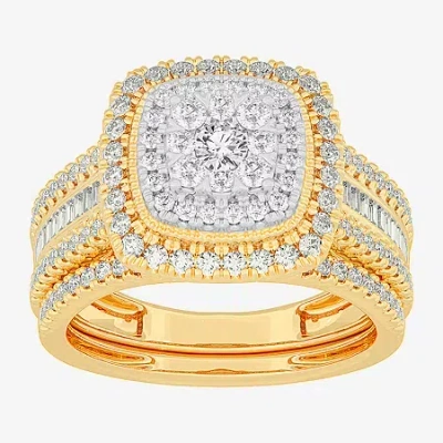 Modern Bride Womens 1 Ct.t.w. Natural Diamond 10k Gold Cushion Side Stone Halo Bridal Set