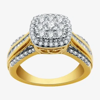 Modern Bride Womens 1 Ct.t.w. Natural Diamond 10k Gold Cushion Side Stone Halo Engagement Ring In Yellow