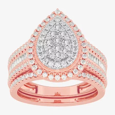 Modern Bride Womens 1 Ct.t.w. Natural Diamond 10k Gold Pear Side Stone Halo Bridal Set In Pink