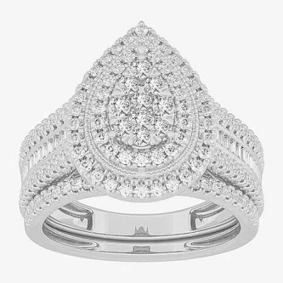Modern Bride Womens 1 Ct.t.w. Natural Diamond 10k Gold Pear Side Stone Halo Bridal Set In Silver