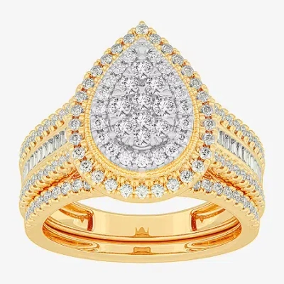 Modern Bride Womens 1 Ct.t.w. Natural Diamond 10k Gold Pear Side Stone Halo Bridal Set