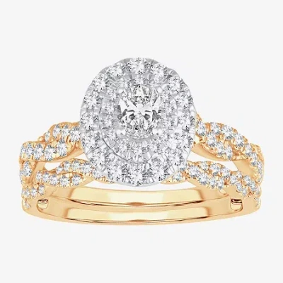 Modern Bride Womens 1 Ct.t.w. Natural Diamond 10k Or 14k Gold Oval Halo Bridal Set In Transparent