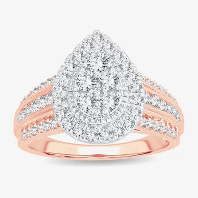 Modern Bride Womens 1 Ct.t.w. Natural Diamond 10k Or 14k Rose Gold Pear Side Stone Halo Engagement Ring In Pink