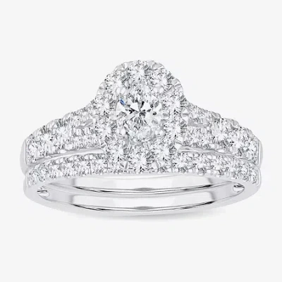 Modern Bride Womens 1 Ct.t.w. Natural Diamond 10k Or 14k White Gold Oval Side Stone Halo Bridal Set In Silver