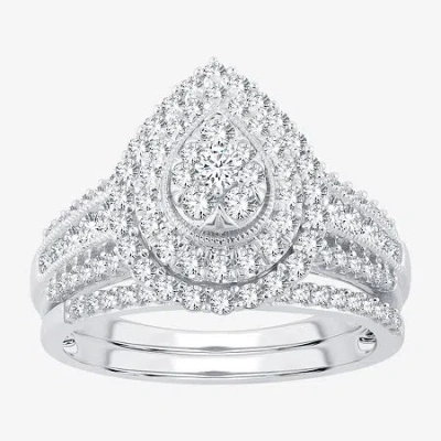 Modern Bride Womens 1 Ct.t.w. Natural Diamond 10k Or 14k White Gold Pear Halo Bridal Set In Silver