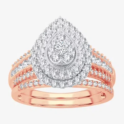 Modern Bride Womens 1 Ct.t.w. Natural Diamond 10k Or 14k White Gold Pear Halo Bridal Set In Pink