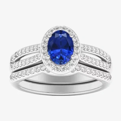 Modern Bride Womens 1/2 Ct. T.w. Genuine Blue Sapphire 10k White Gold Oval Side Stone Halo Engagement Ring In Metallic