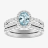 Modern Bride Womens 1/2 Ct. T.w. Genuine Blue Sapphire 10k White Gold Oval Side Stone Halo Engagement Ring In Metallic