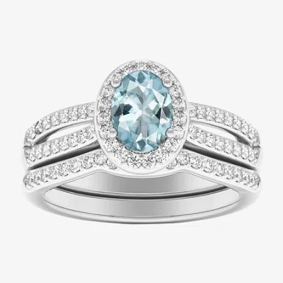 Modern Bride Womens 1/2 Ct. T.w. Genuine Blue Sapphire 10k White Gold Oval Side Stone Halo Engagement Ring In Metallic