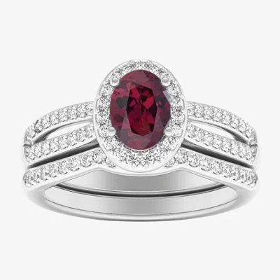 Modern Bride Womens 1/2 Ct. T.w. Genuine Blue Sapphire 10k White Gold Oval Side Stone Halo Engagement Ring