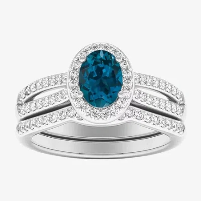 Modern Bride Womens 1/2 Ct. T.w. Genuine Blue Sapphire 10k White Gold Oval Side Stone Halo Engagement Ring
