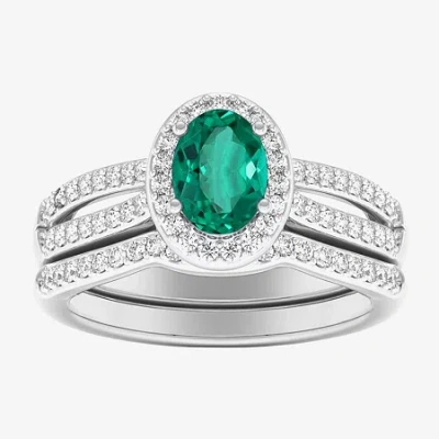 Modern Bride Womens 1/2 Ct. T.w. Genuine Blue Sapphire 10k White Gold Oval Side Stone Halo Engagement Ring In Green