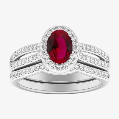 Modern Bride Womens 1/2 Ct. T.w. Genuine Blue Sapphire 10k White Gold Oval Side Stone Halo Engagement Ring In Red