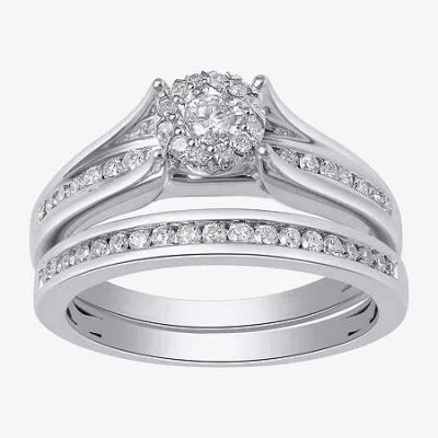 Modern Bride Womens 1/2 Ct. T.w. Lab Grown White Diamond 10k White Gold Round Side Stone Halo Bridal Set In Silver