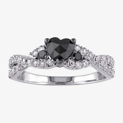 Modern Bride Womens 1/2 Ct. T.w. Natural Black Diamond Sterling Silver Heart Side Stone Engagement Ring In Transparent