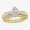 Modern Bride Womens 1/2 Ct. T.w. Natural White Diamond 10k Gold Pear Side Stone Halo Bridal Set In Gold