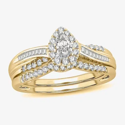 Modern Bride Womens 1/2 Ct. T.w. Natural White Diamond 10k Gold Pear Side Stone Halo Bridal Set