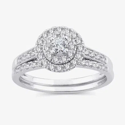 Modern Bride Womens 1/2 Ct. T.w. Natural White Diamond 10k Gold Round Side Stone Halo Bridal Set