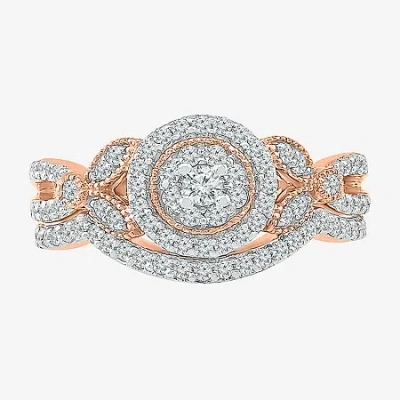 Modern Bride Womens 1/2 Ct. T.w. Natural White Diamond 10k Rose Gold Round Side Stone Halo Bridal Set