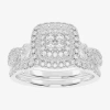 Modern Bride Womens 1/2 Ct. T.w. Natural White Diamond 10k White Gold Cushion Side Stone Halo Bridal Set In Silver