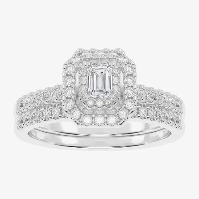 Modern Bride Womens 1/2 Ct. T.w. Natural White Diamond 10k White Gold Cushion Side Stone Halo Bridal Set In Silver