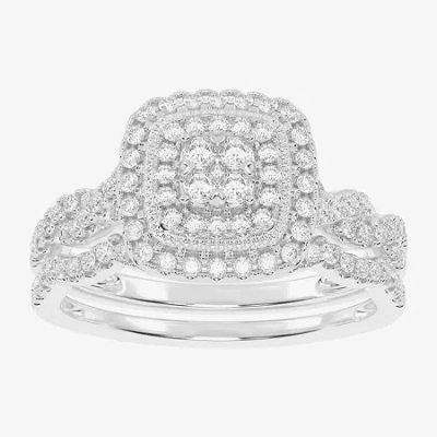Modern Bride Womens 1/2 Ct. T.w. Natural White Diamond 10k White Gold Cushion Side Stone Halo Bridal Set In Silver